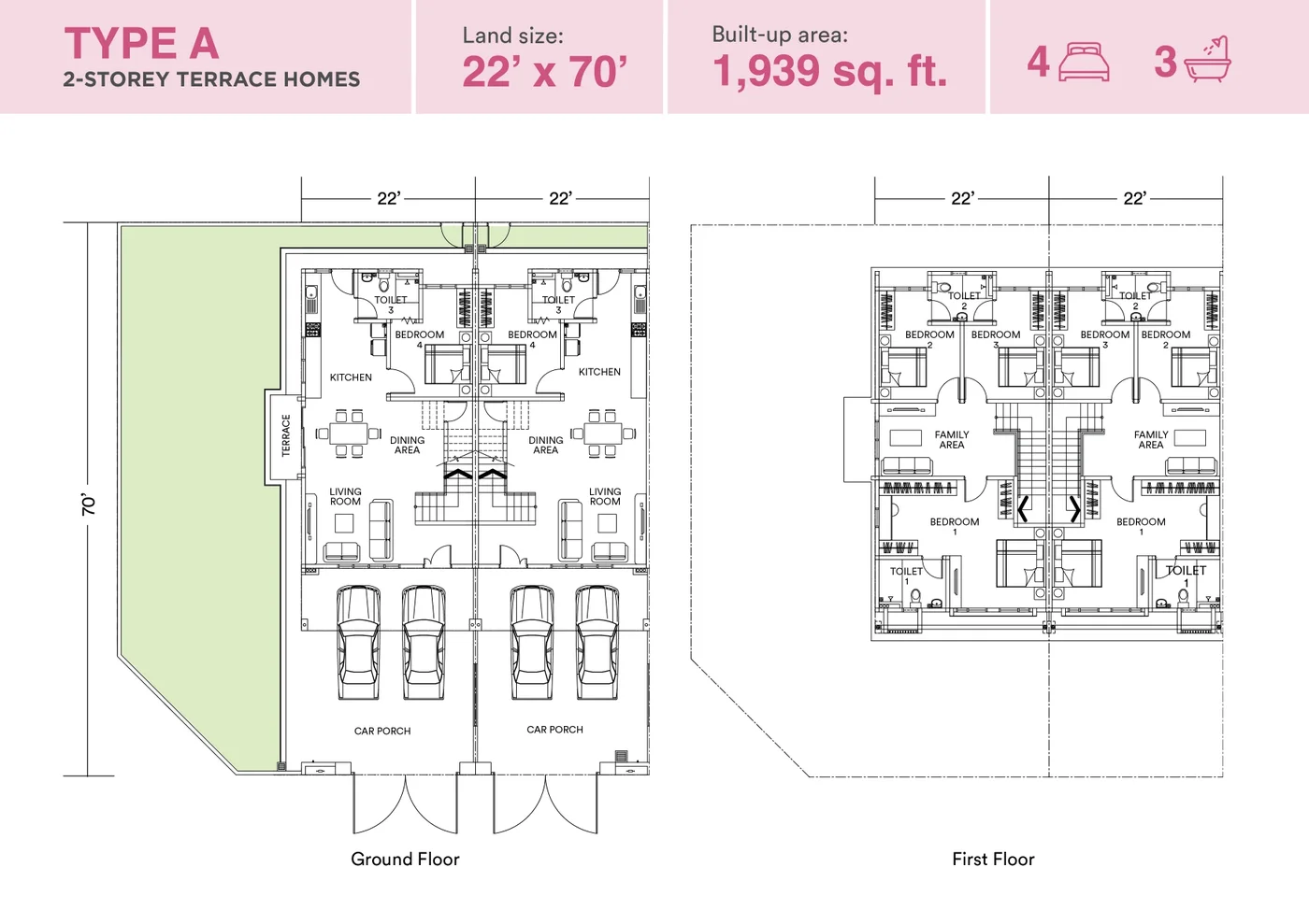 Astera Type A floor plan, ground floor and first floor, 22 by 70 feet, 4 bedrooms 3 bathrooms