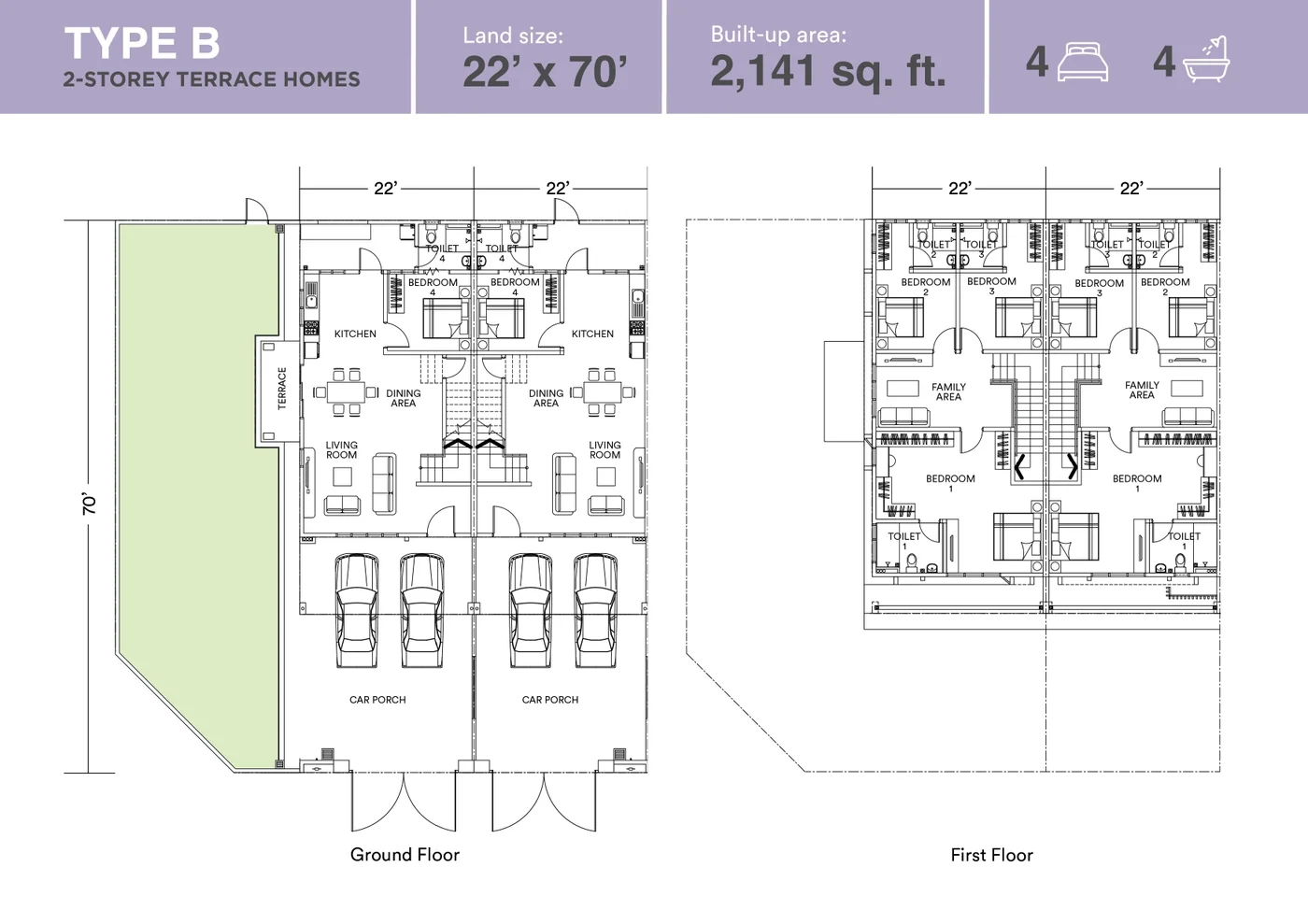 Astera Type B floor plan, ground floor and first floor, 22 by 70 feet, 4 bedrooms 4 bathrooms