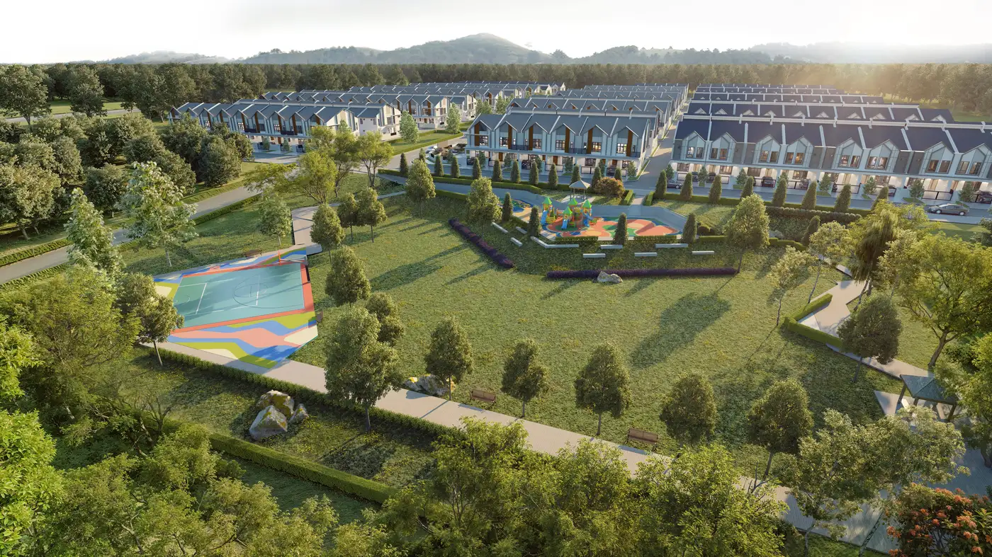 Aerial dusk view of Astera 2-storey terrace homes at Impian Hills, Ulu Tiram, overlooking the central park and playground