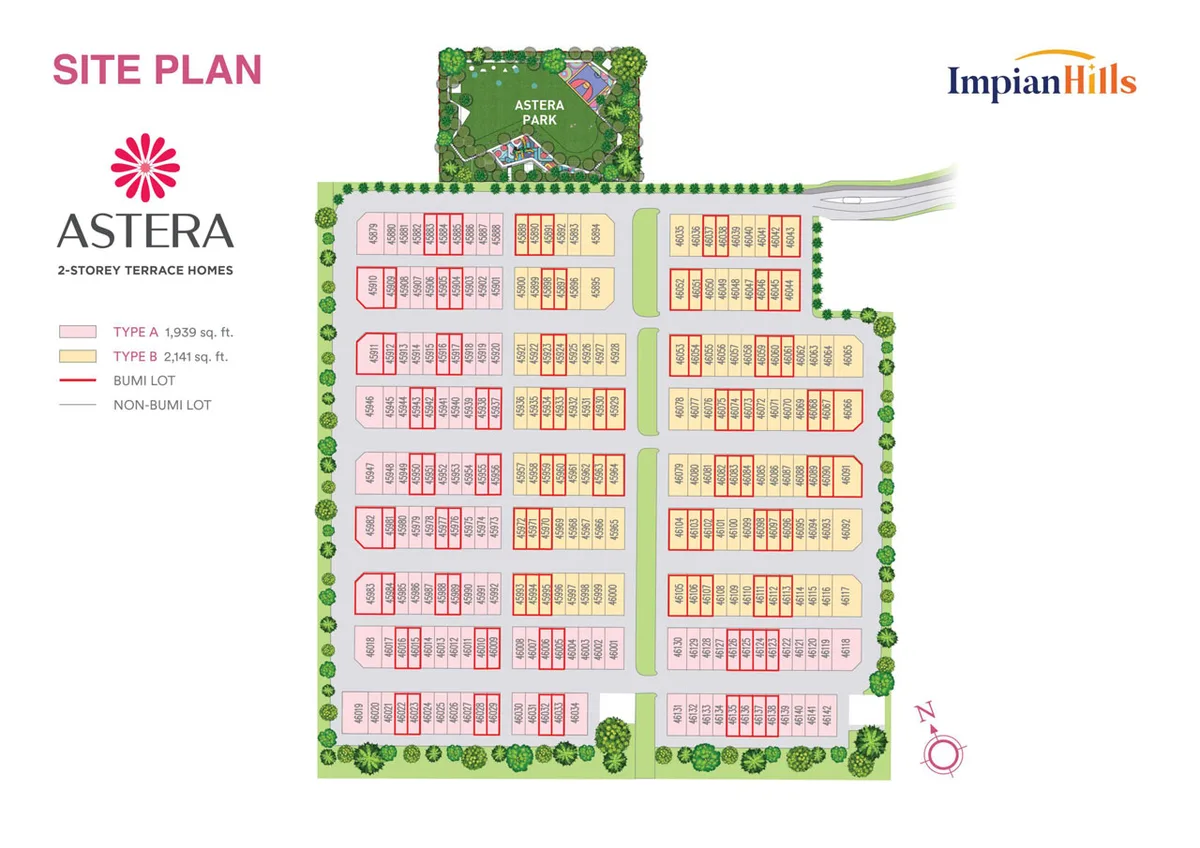 Astera site plan showing Type A and Type B unit rows around the central Astera Park